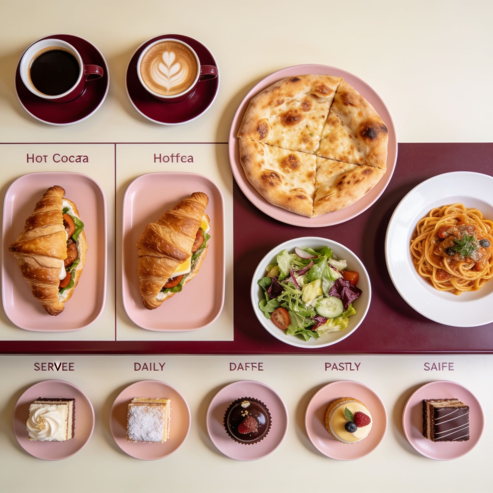 Selezione ordinata di caffè, cornetti, focaccia, insalata, pasta e dessert